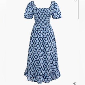 J. Crew Smocked midi dress with puff sleeves